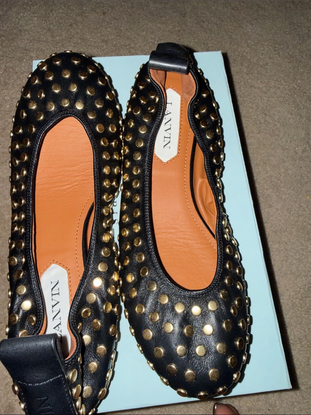 Lanvin Black Leather Ballet Flats with Gold Stud Detailing